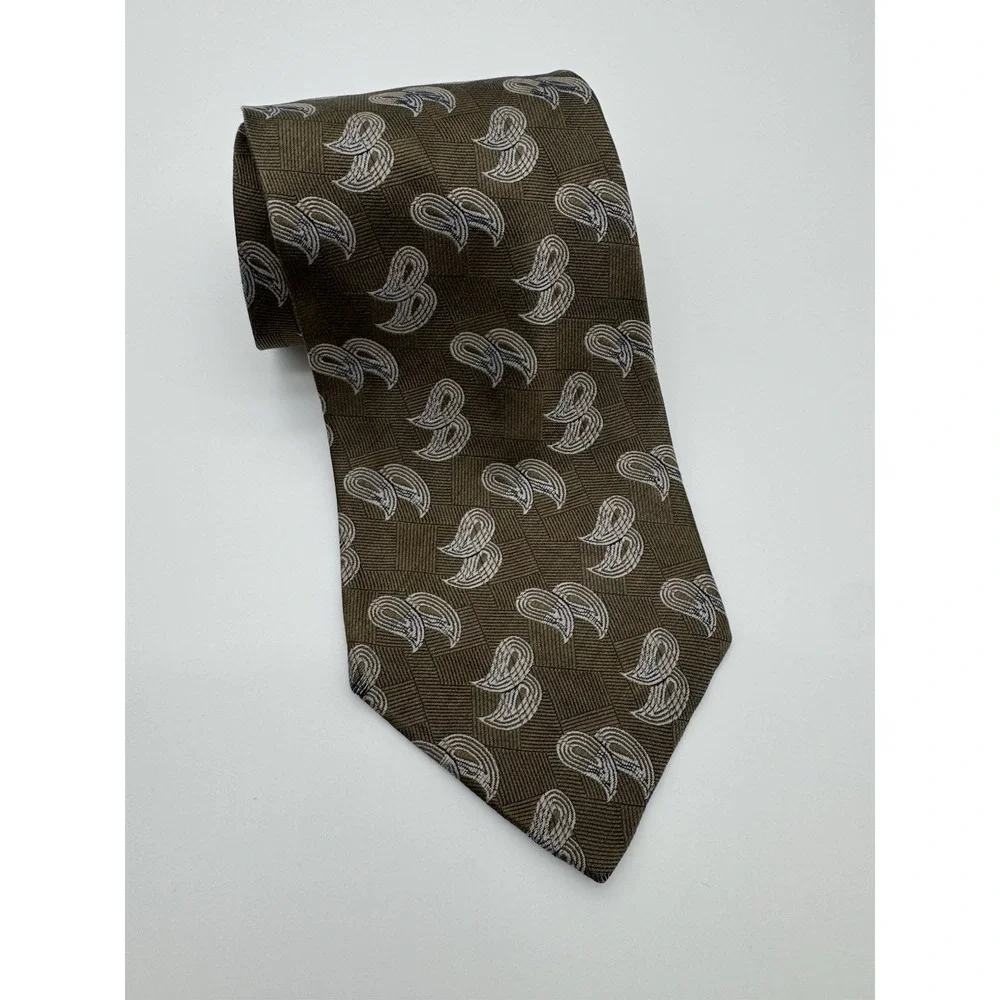 Emporio Armani Silk Tie Brown Paisley Geometric Pattern Made In Italy Luxury Tie